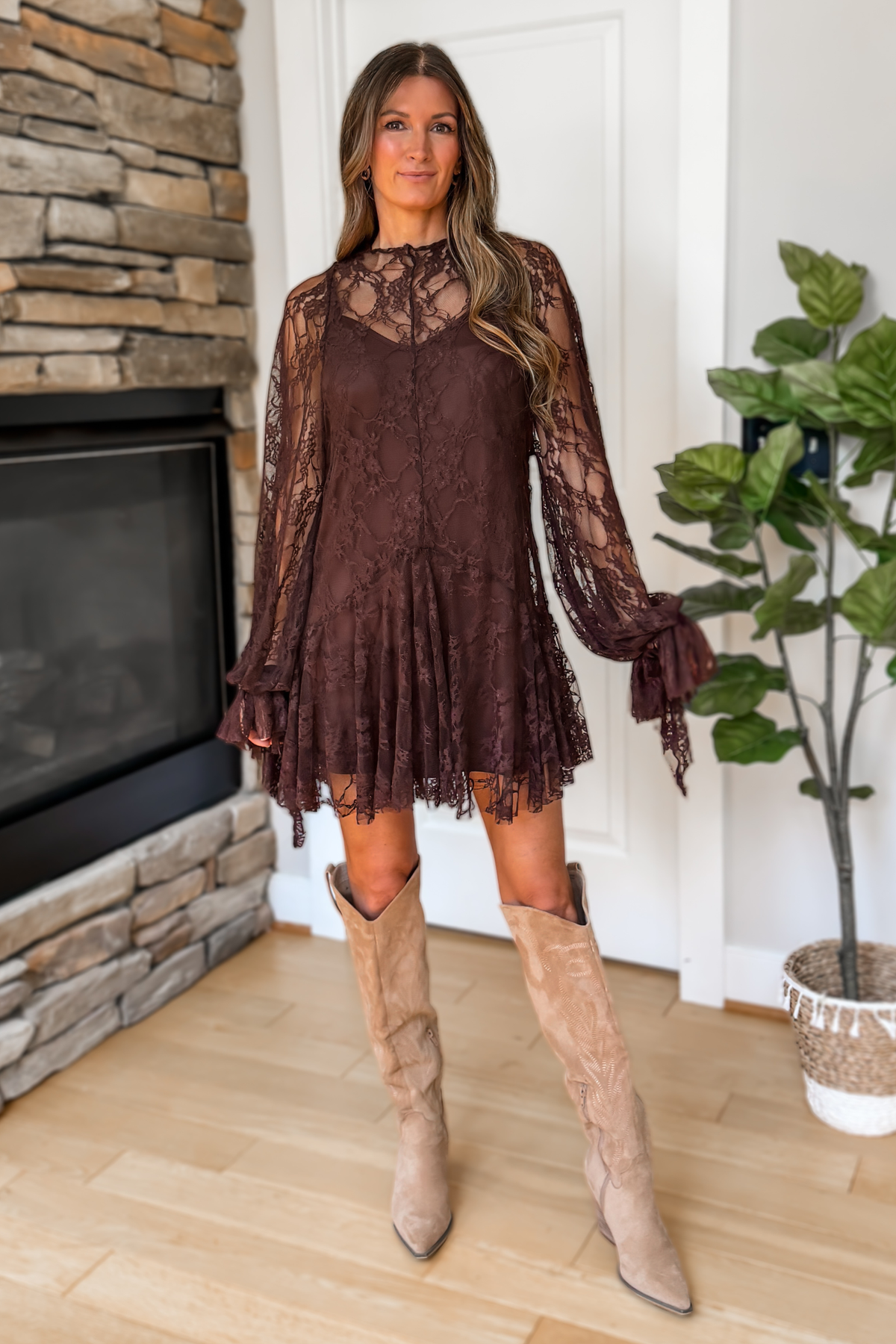 Elowen Lace Mini Dress - Chocolate Brown