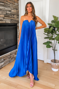 Evening Glow Pleated Satin Maxi Dress – Cobalt Blue