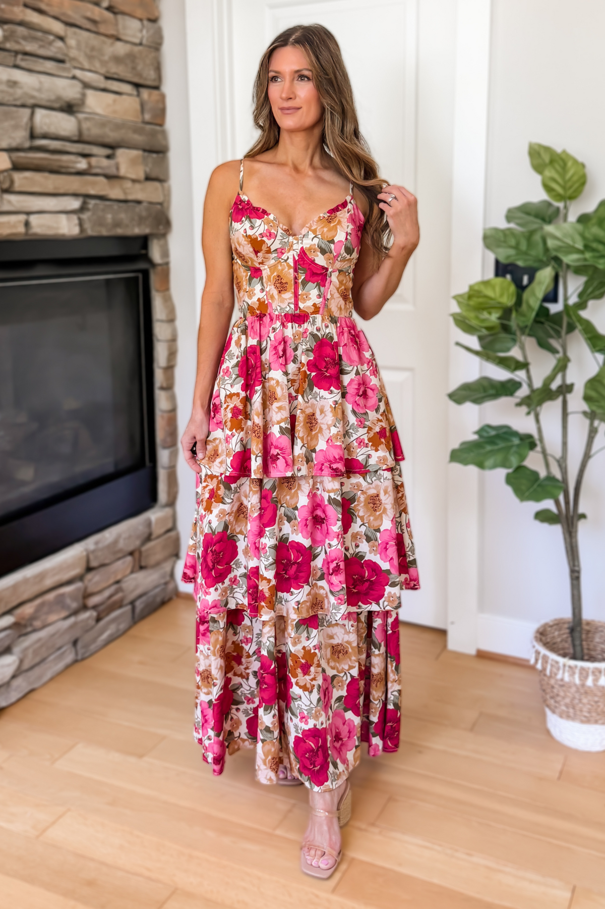 tiered floral dress Rosalie Corset Maxi - Pink Multi Style:Two Waist Bands 50721x Light Beige Linen Dress Flutter sleeve Crafted from breathable cotton