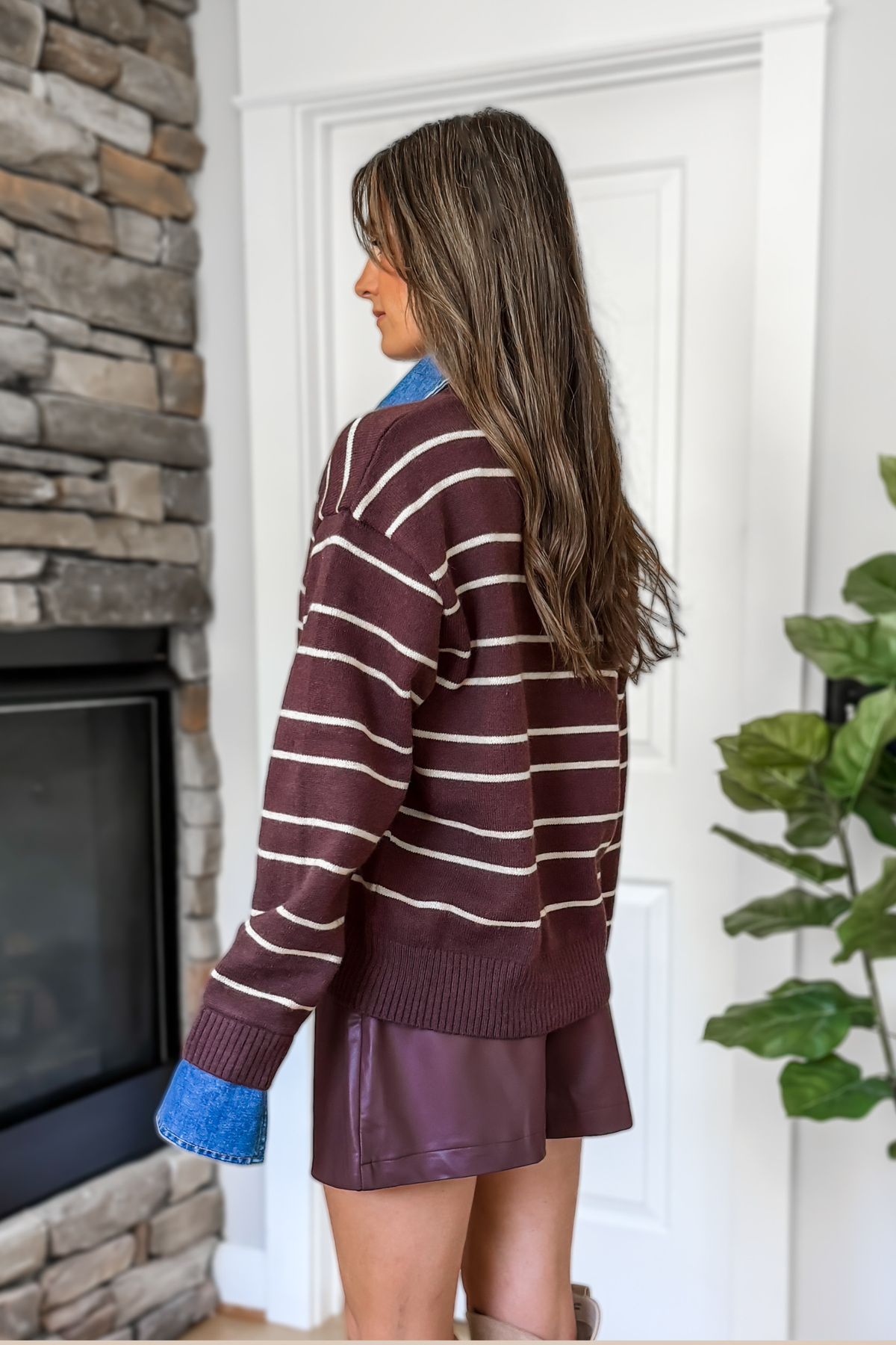 Camden Striped Denim Collar Knit Sweater - Brown