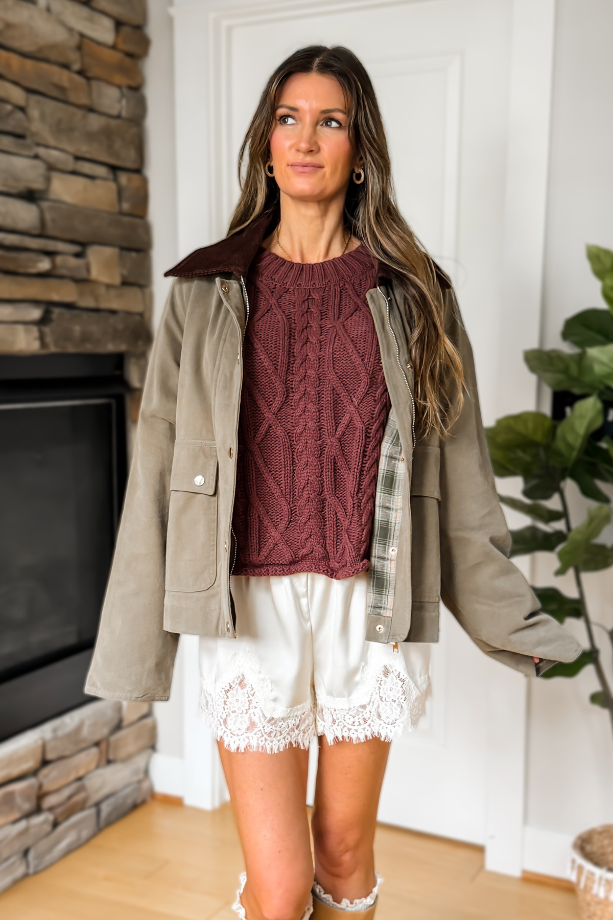 Autumn Leaves Corduroy Collared Cotton Barn Jacket - Olive