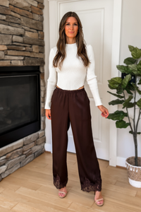 Sloane Satin Wide Leg Lace Trim Pants – Chocolate Brown
