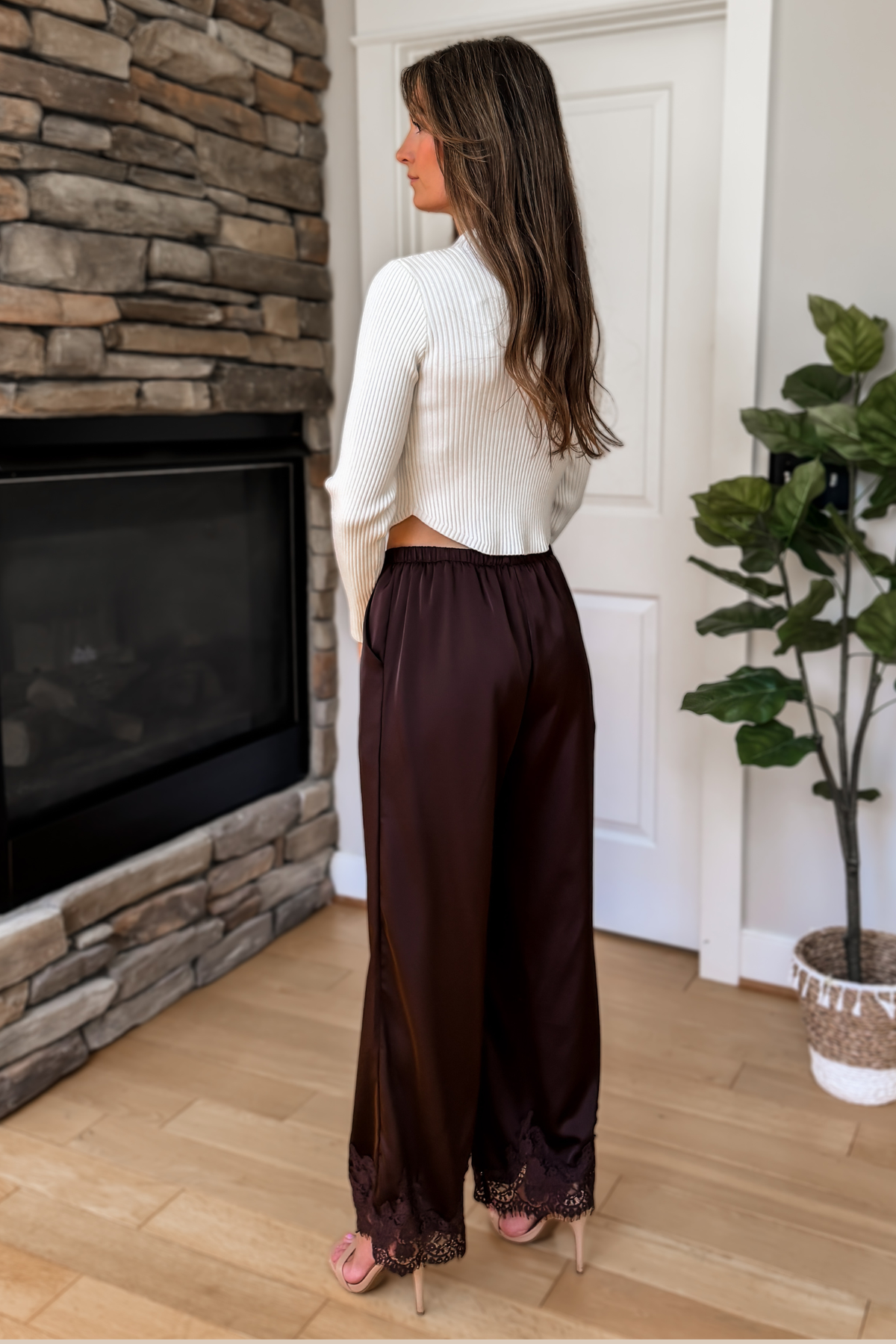 Sloane Satin Wide Leg Lace Trim Pants – Chocolate Brown