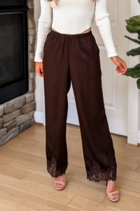 Sloane Satin Wide Leg Lace Trim Pants – Chocolate Brown
