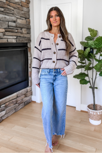 Millie Striped Button Down Cardigan – Grey and Blue