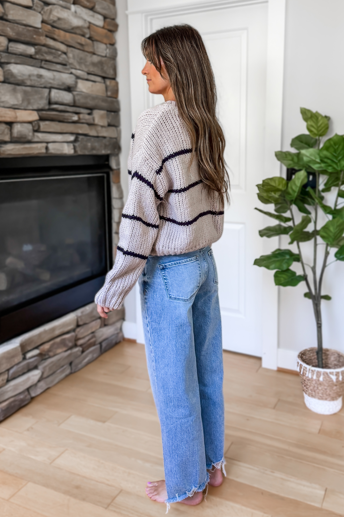 Millie Striped Button Down Cardigan – Grey and Blue