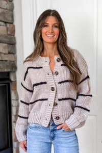 Millie Striped Button Down Cardigan – Grey and Blue