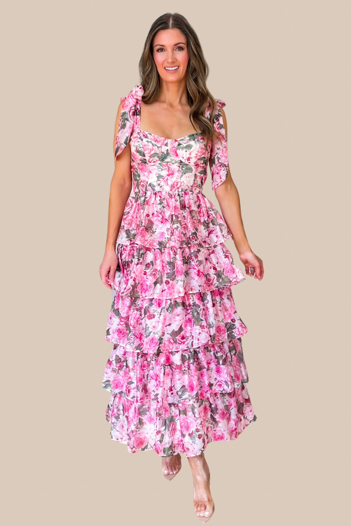 Bella Pink Floral Tiered Ruffle Midi Dress - Sale Medium Bella Pink Floral Tiered Ruffle Midi Dress - Sale Medium