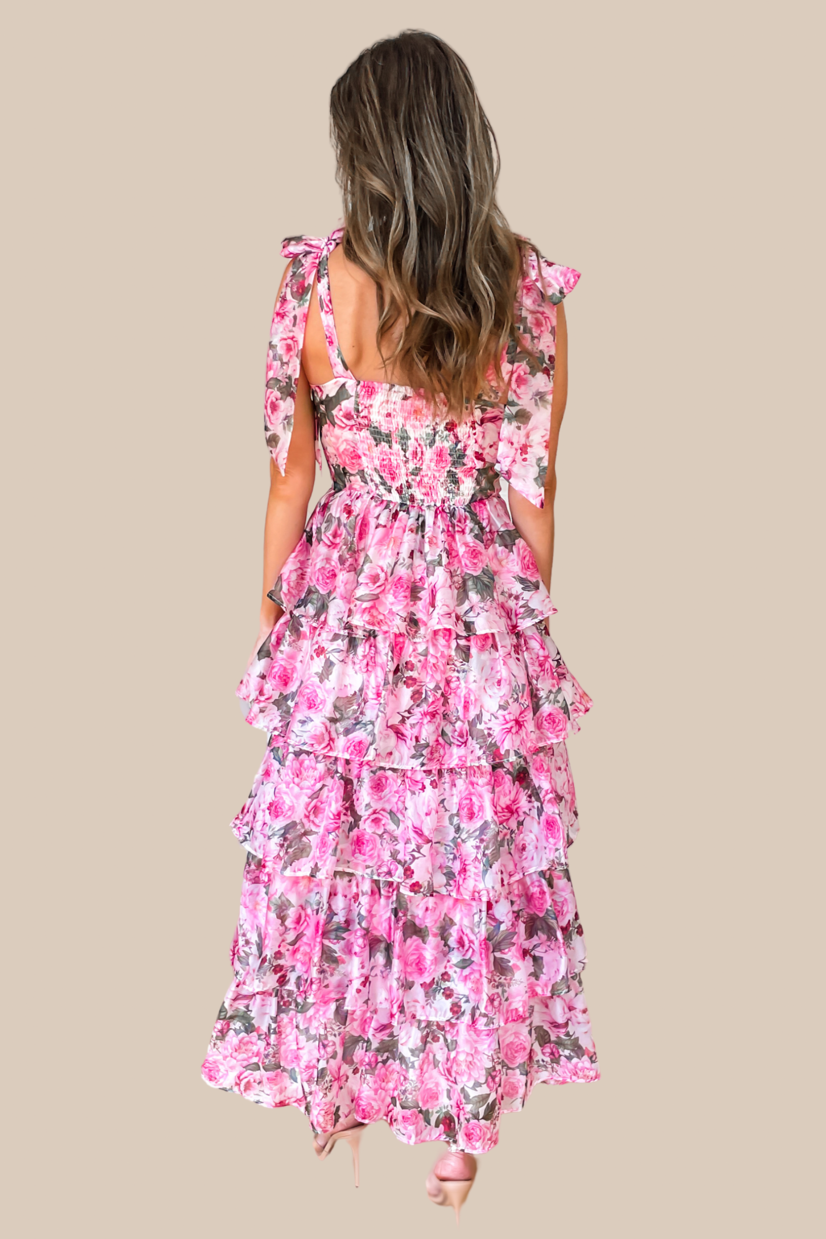 Bella Pink Floral Tiered Ruffle Midi Dress - SALE Medium Bella Pink Floral Tiered Ruffle Midi Dress - SALE Medium