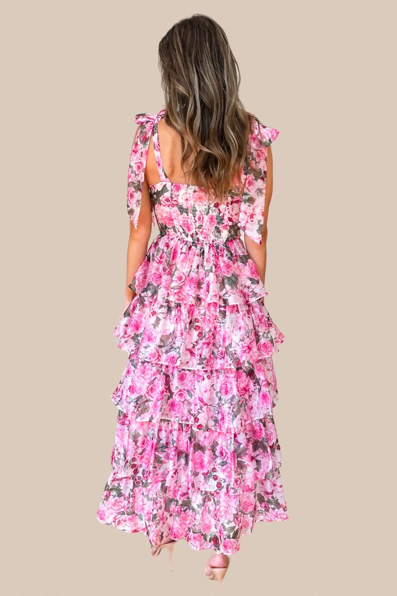 Bella Pink Floral Tiered Ruffle Midi Dress - SALE Medium Bella Pink Floral Tiered Ruffle Midi Dress - SALE Medium