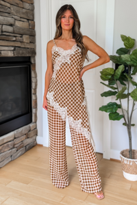Blair Gingham Lace Trim Pants Set - Camel