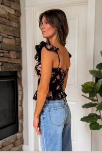 Greer Floral Corset Peplum Top - Black