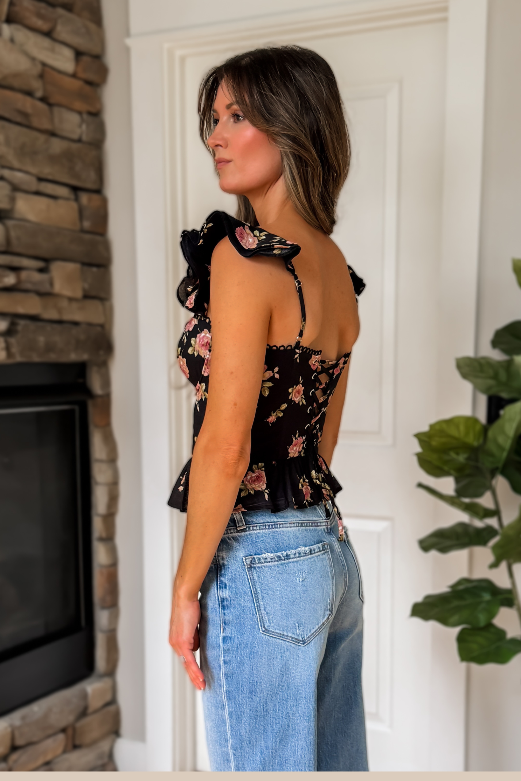 Greer Floral Corset Peplum Top - Black