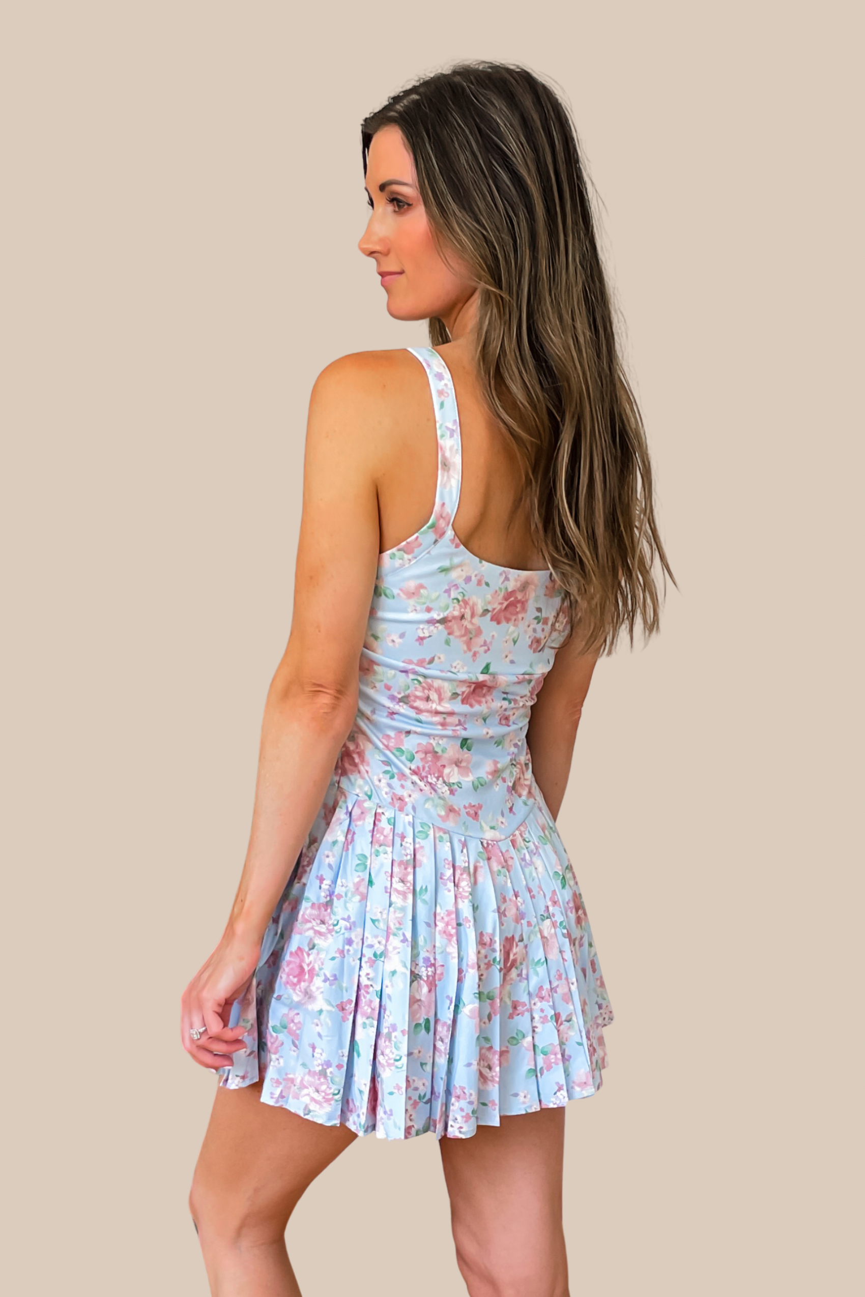 Maisey Pleated Active Romper Dress - Light Blue Floral Small Maisey Pleated Active Romper Dress - Light Blue Floral Small