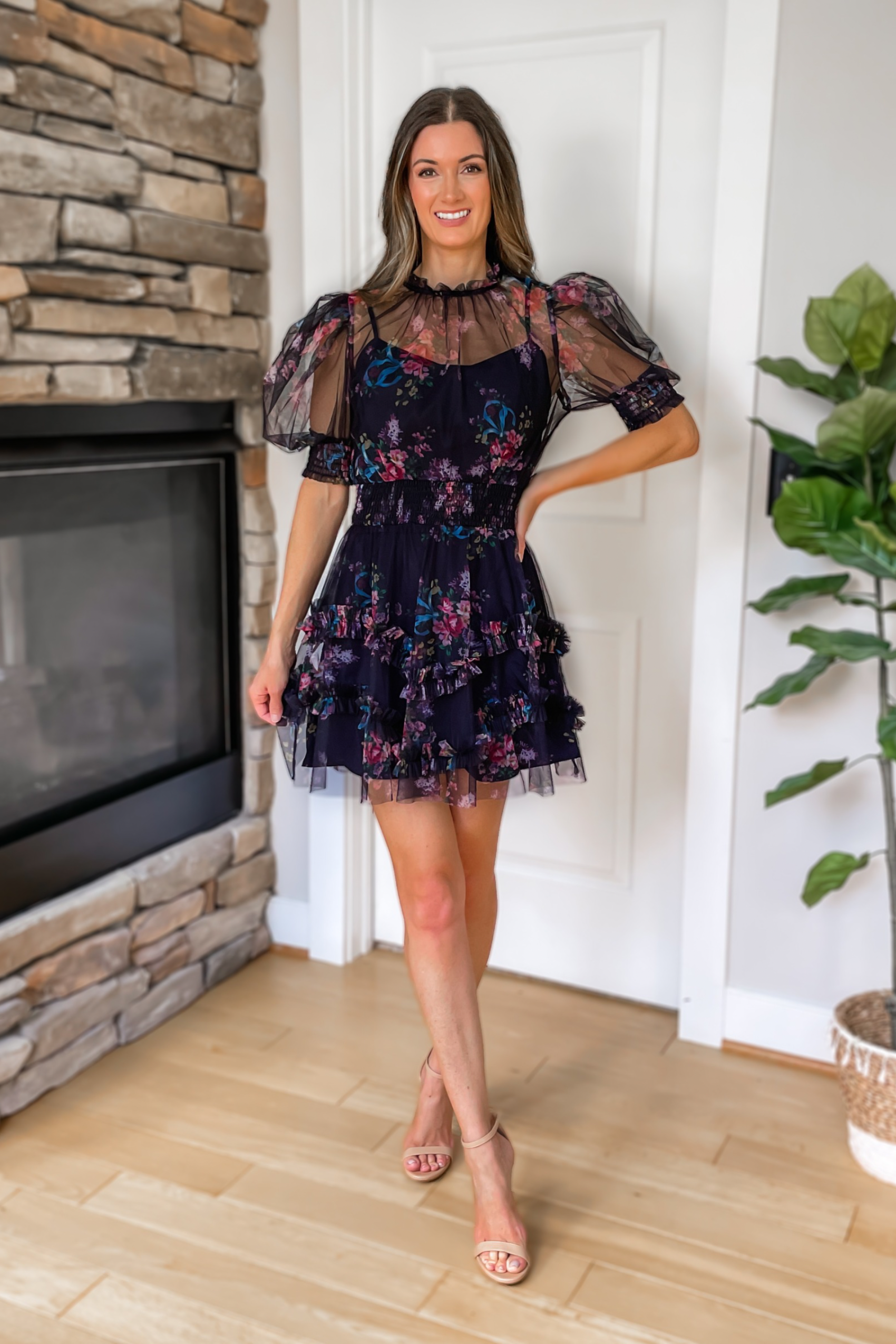 Navy Puff Sleeve Floral Mesh Overlay Mini Dress Ivy & Olive Boutique Navy Puff Sleeve Floral Mesh Overlay Mini Dress Ivy & Olive Boutique