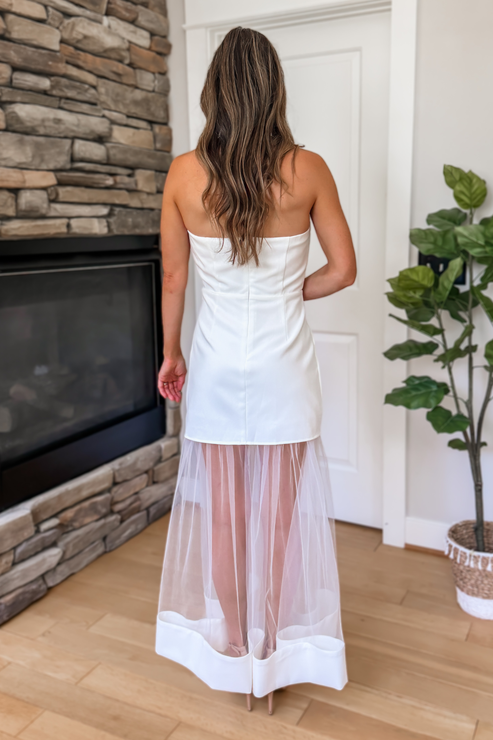 Emilia White Strapless Maxi Dress with Contrast Tulle Skirt