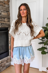 Arden Lace Trim Chambray Shorts - Light Blue
