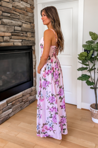 Garden Romance Floral Corset Maxi Dress - Lavender Lilac