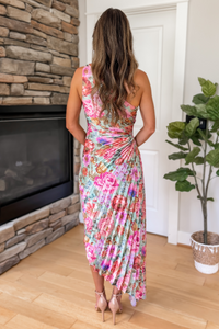 Romantic Garden One Shoulder Asymmetrical Maxi Dress - Green Multi
