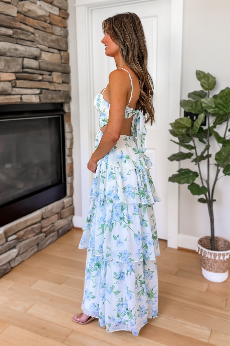 Bluebell Cut Out Floral Tiered Maxi Dress – Blue Multi Medium