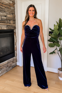 Evie Velvet and Pearl Strapless Jumpsuit - Navy