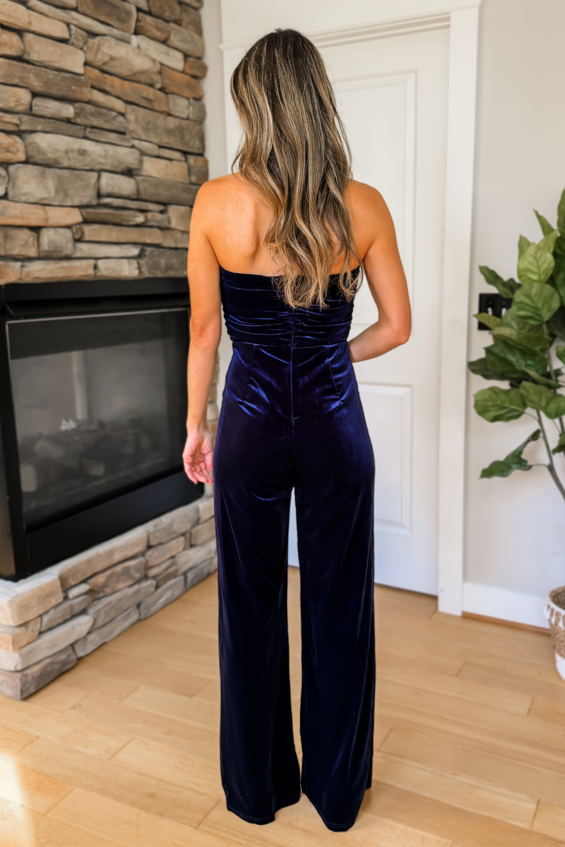 Evie Velvet and Pearl Strapless Jumpsuit - Navy