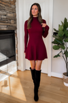 Noelle Long Sleeve Fit and Flare Mini Dress - Burgundy