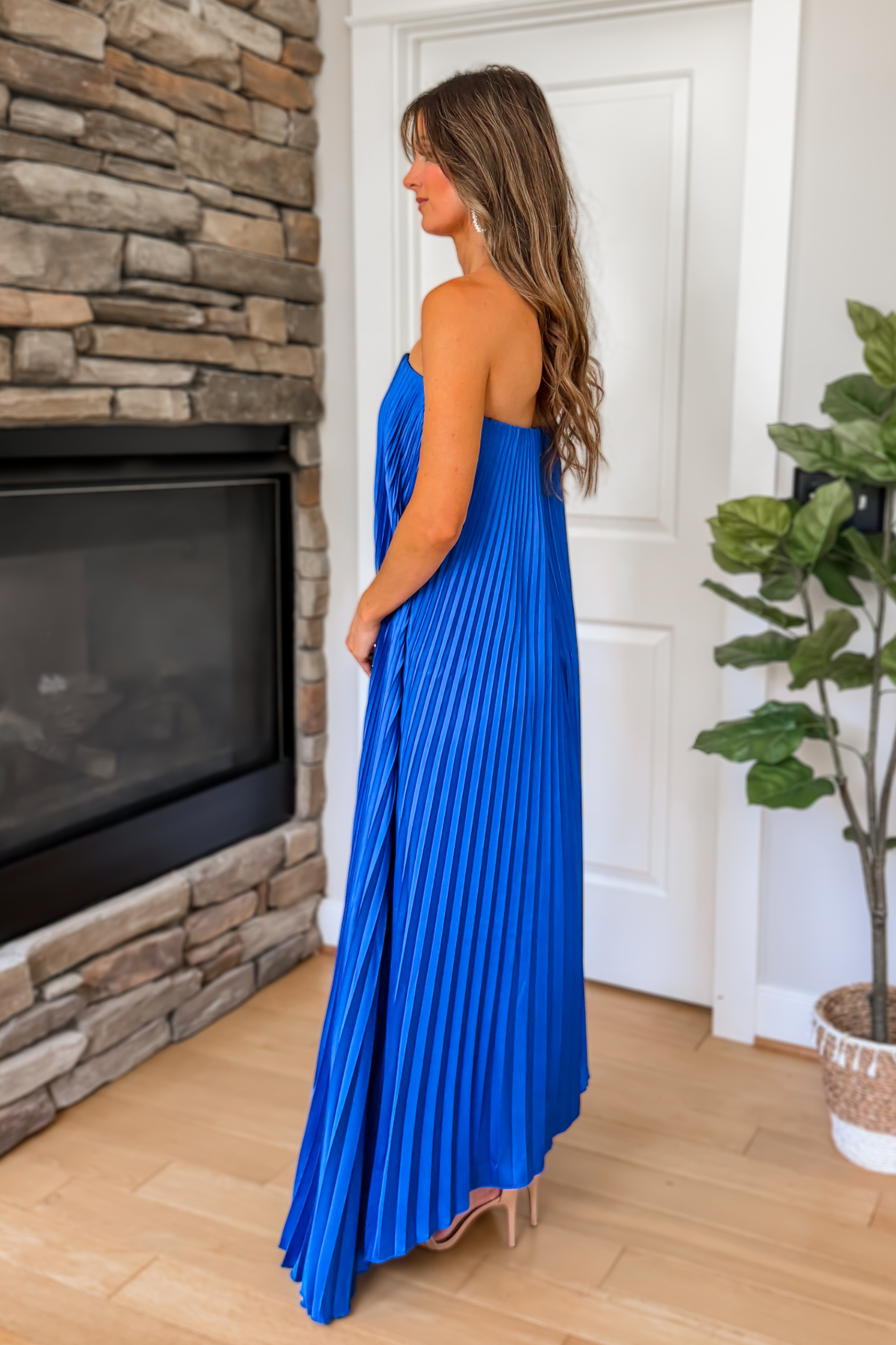 Evening Glow Pleated Satin Maxi Dress – Cobalt Blue
