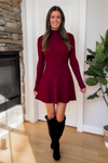 Noelle Long Sleeve Fit and Flare Mini Dress - Burgundy