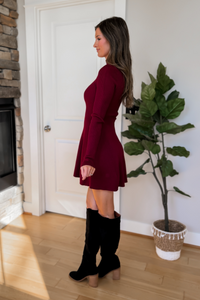 Noelle Long Sleeve Fit and Flare Mini Dress - Burgundy