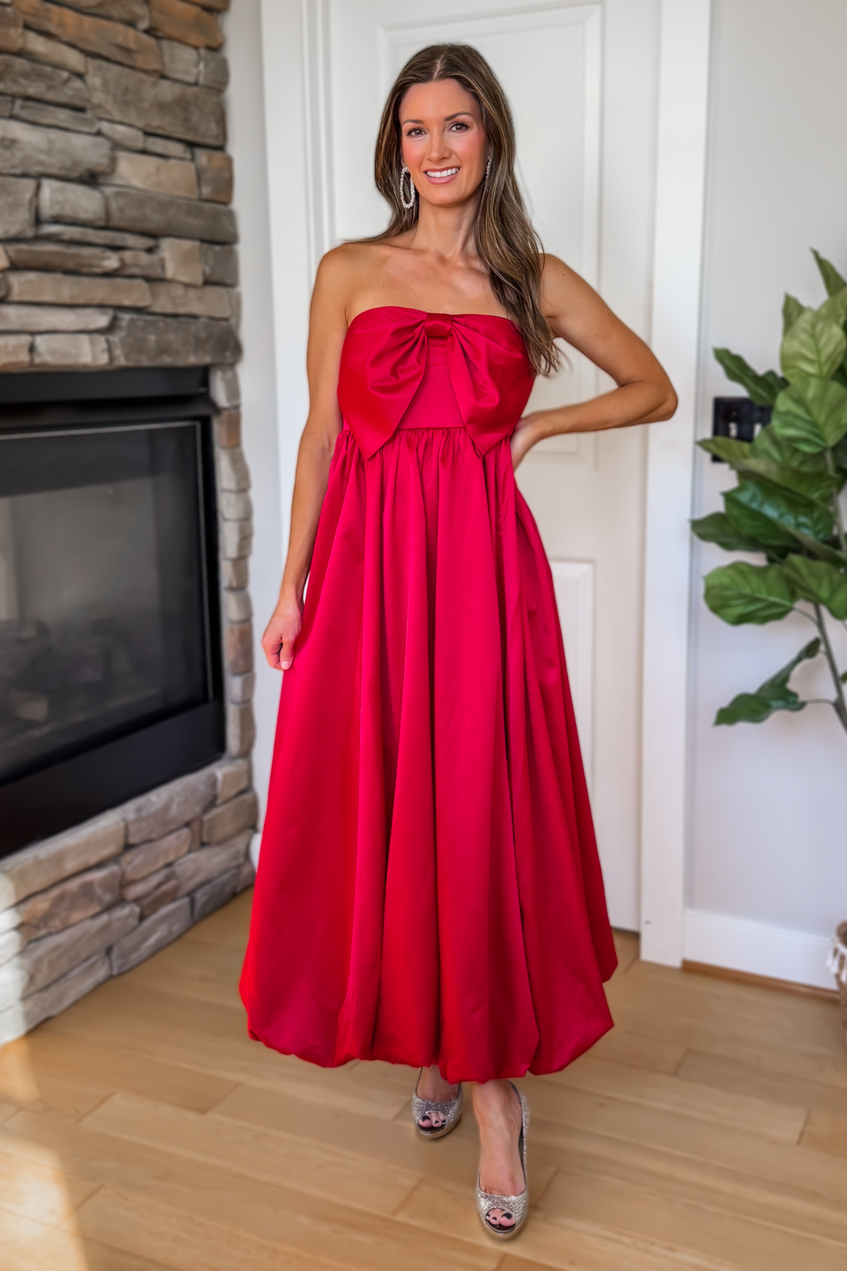 Moonlit Romance Strapless Red Bow Midi Dress
