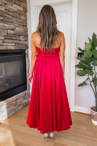 Moonlit Romance Strapless Red Bow Midi Dress