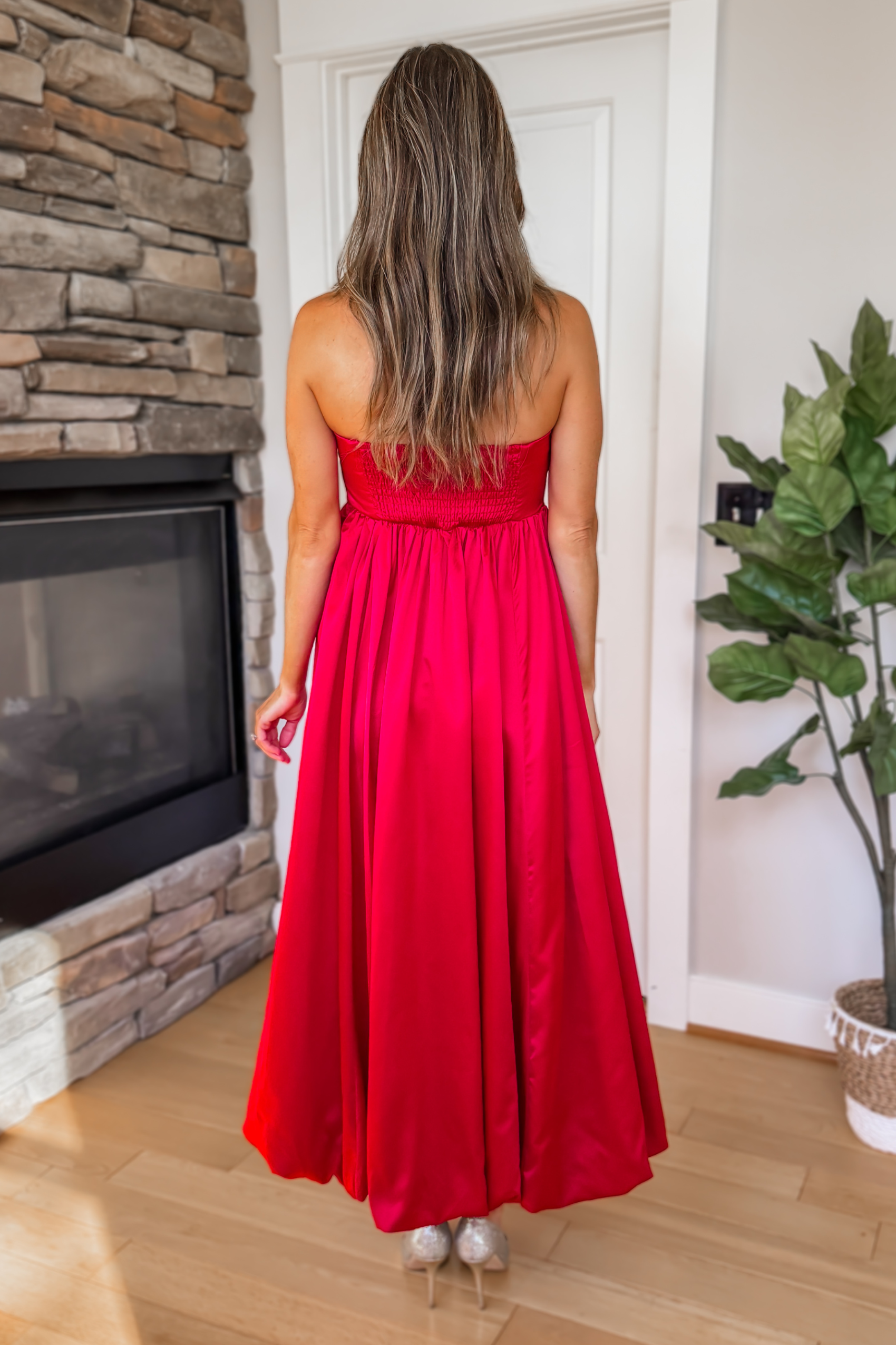 Moonlit Romance Strapless Red Bow Midi Dress