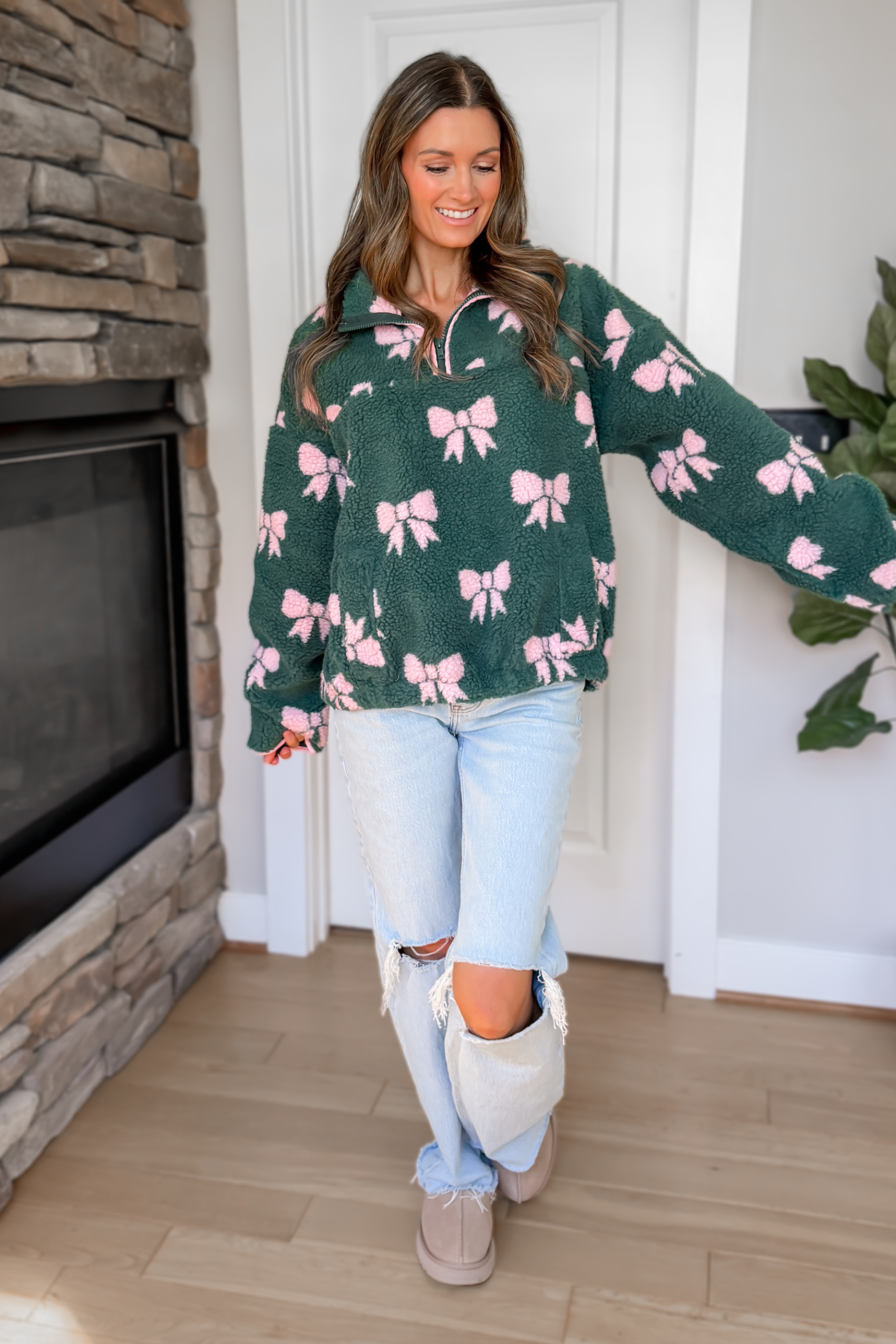 Merry Bows Sherpa Half Zip Pullover - Green and Pink – Ivy & Olive
