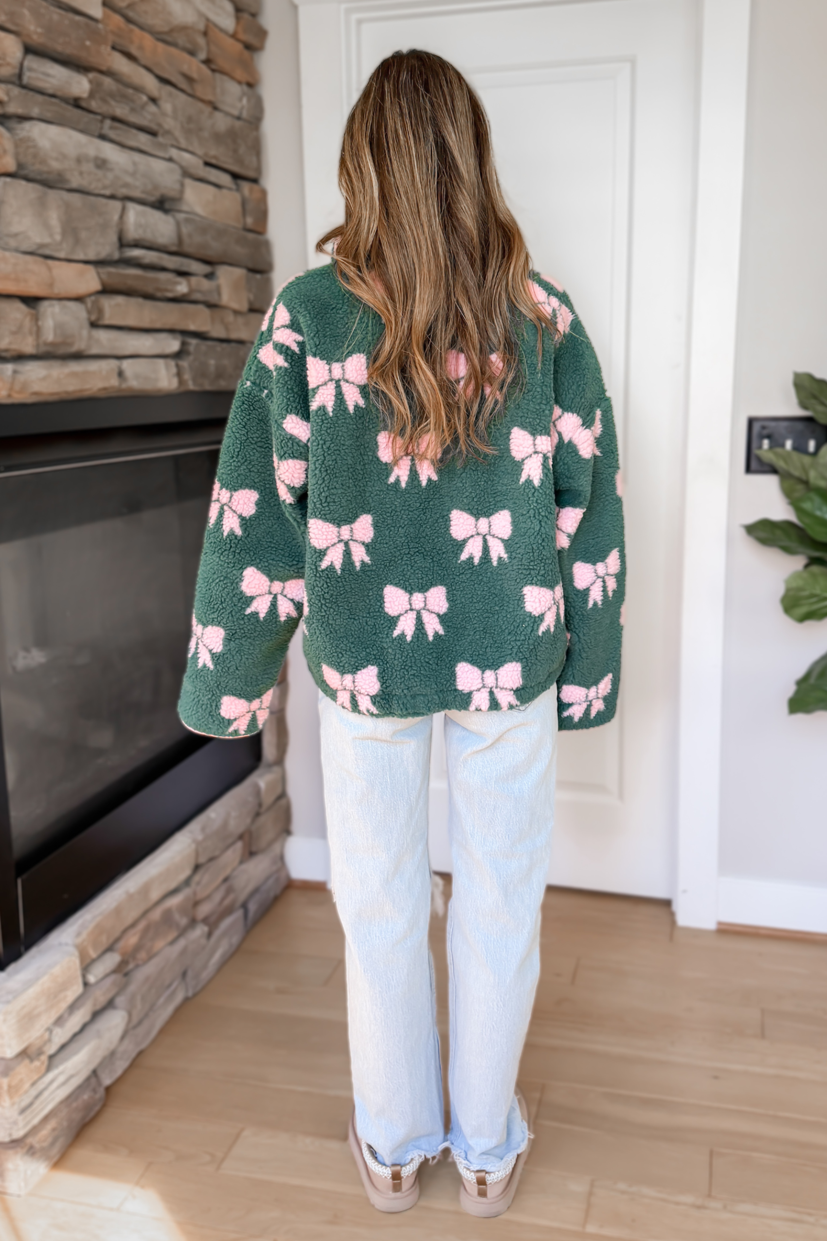 Merry Bows Sherpa Half Zip Pullover - Green and Pink