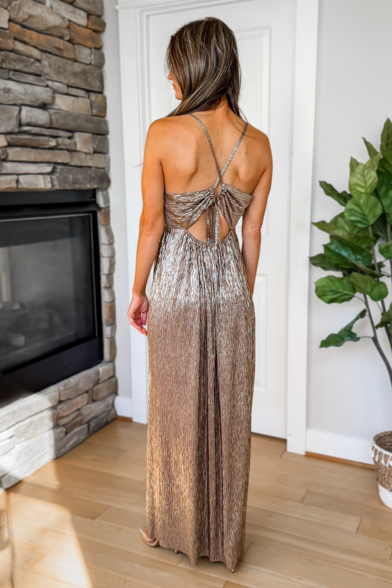 Golden Hour Pleated Maxi Dress – Mocha Gold
