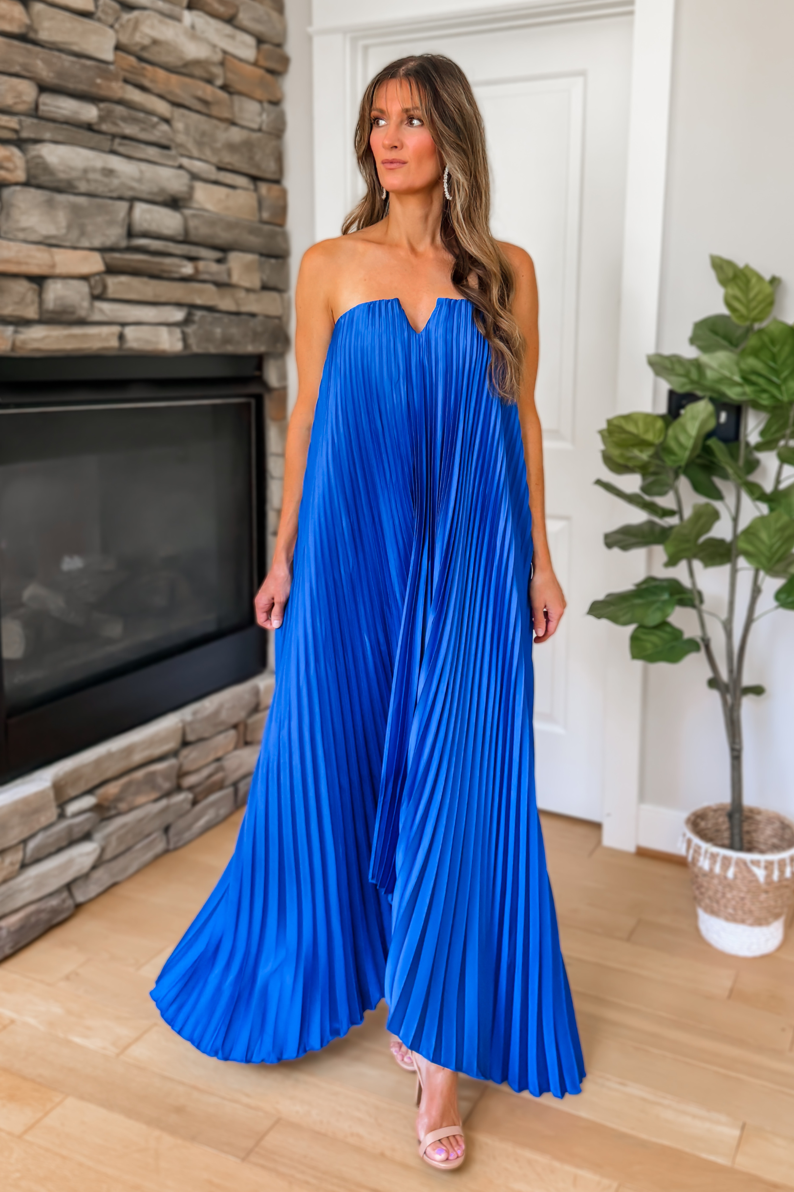 Evening Glow Pleated Satin Maxi Dress – Cobalt Blue