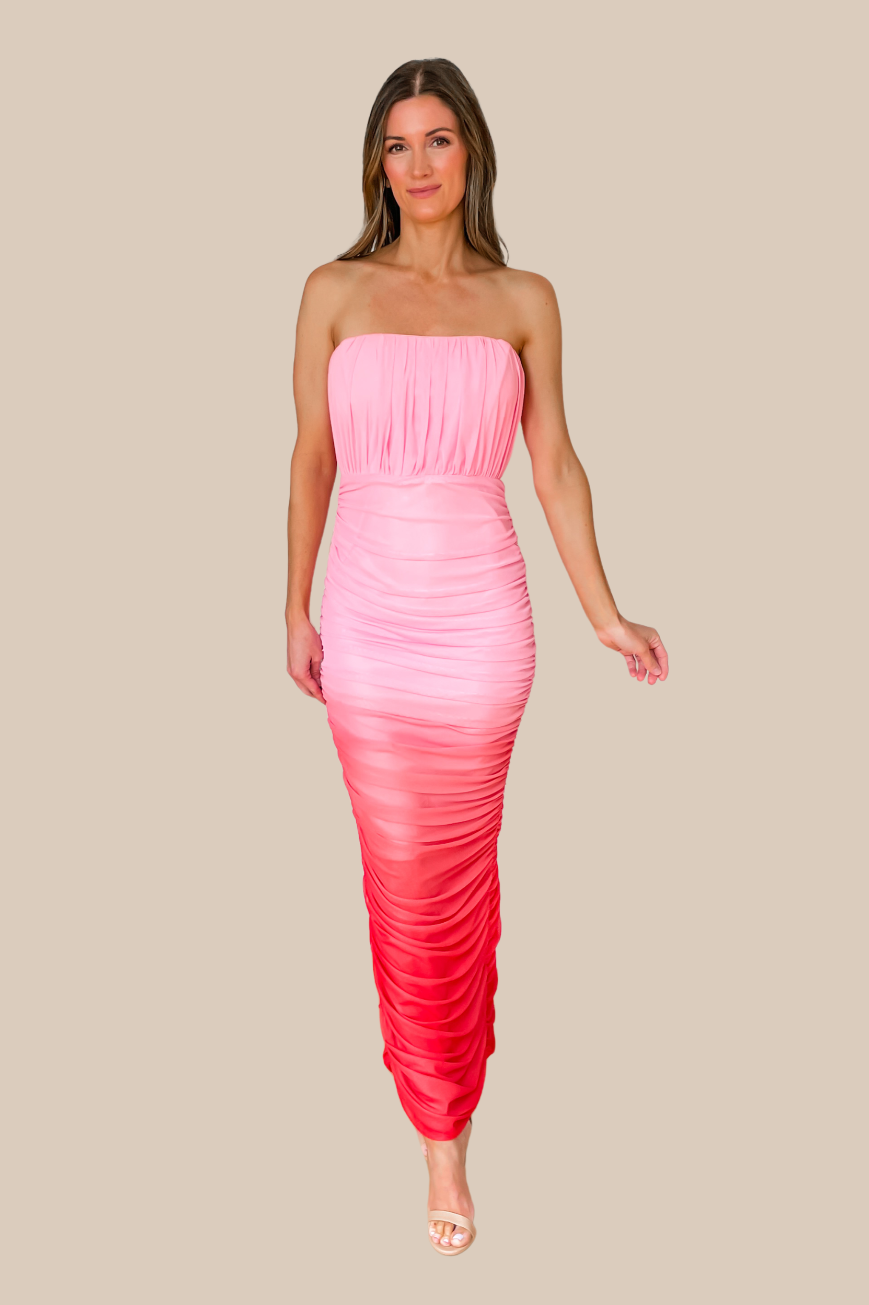 Pink Ombre Strapless Ruched Mesh Maxi Dress Medium