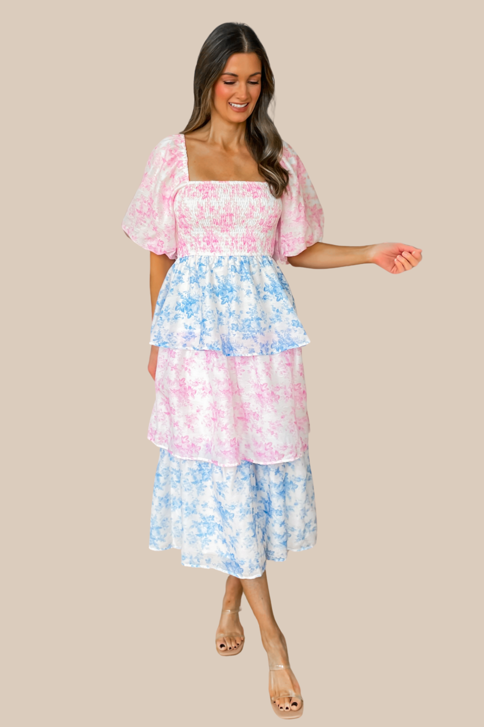 white christmas dresses Tea Party Tiered Midi Dress - Pink and Blue