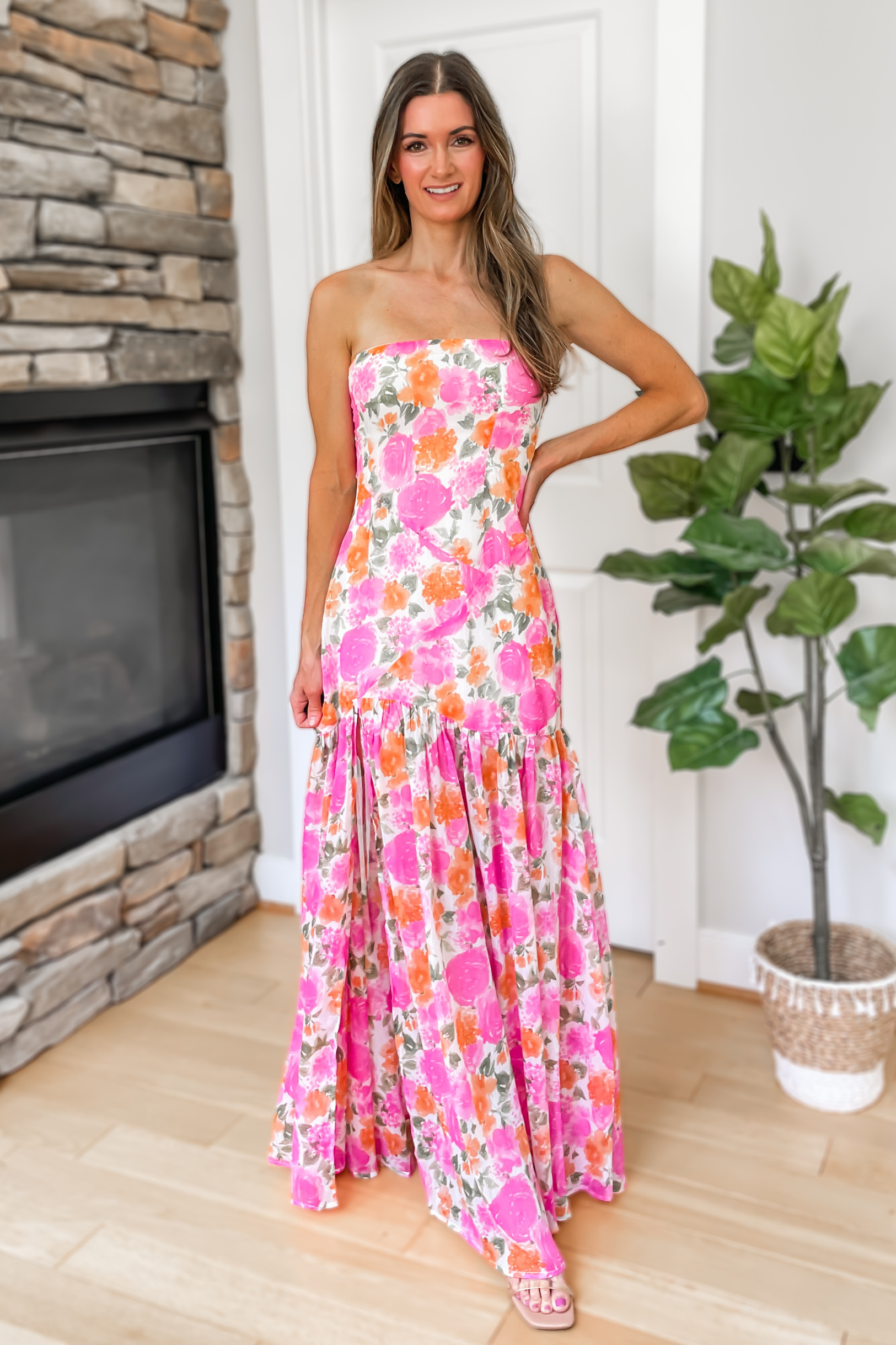 Sophia Floral Strapless Maxi Dress - Pink and White