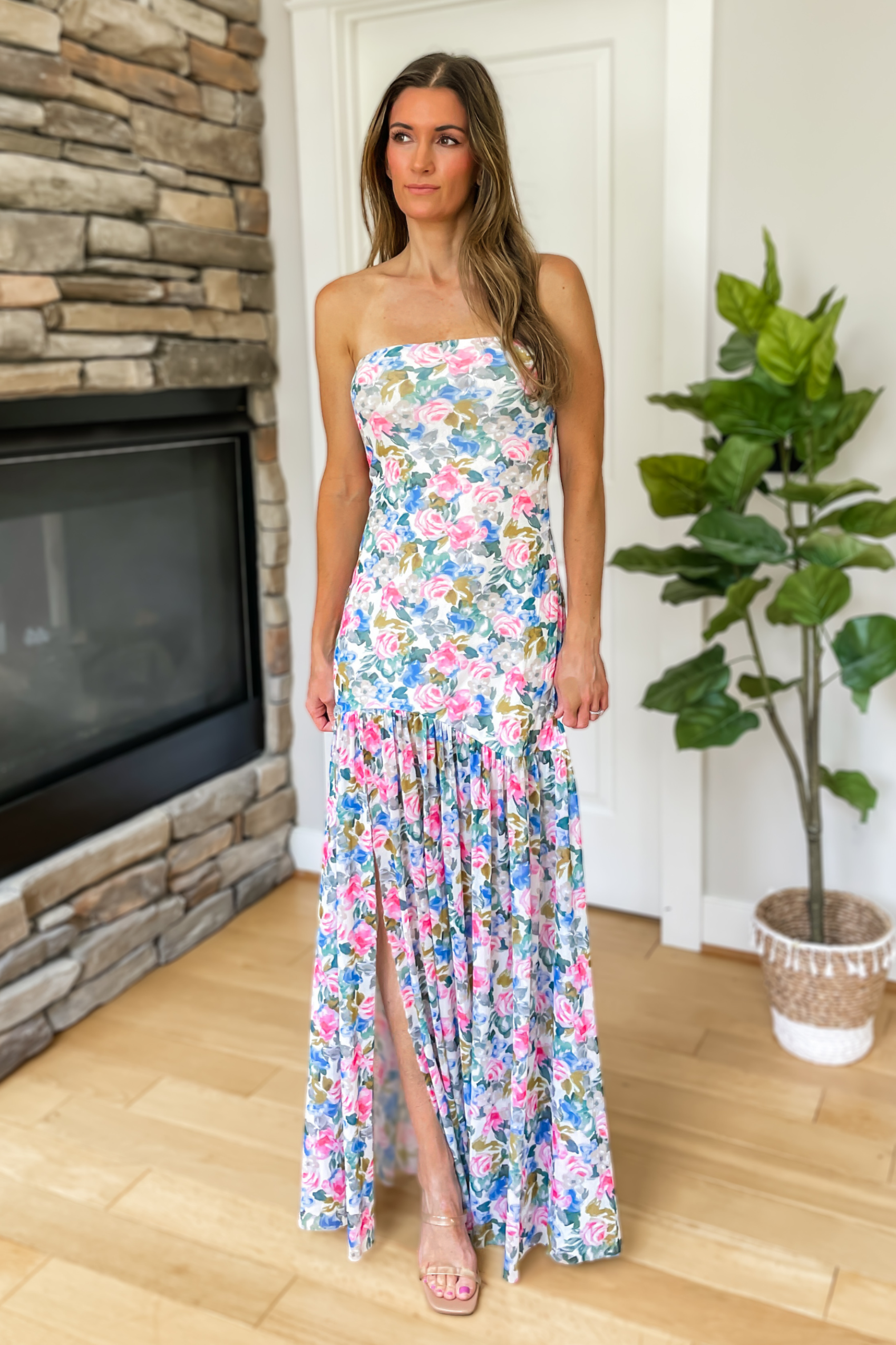 Sienna Blue Floral Strapless Maxi Dress Small