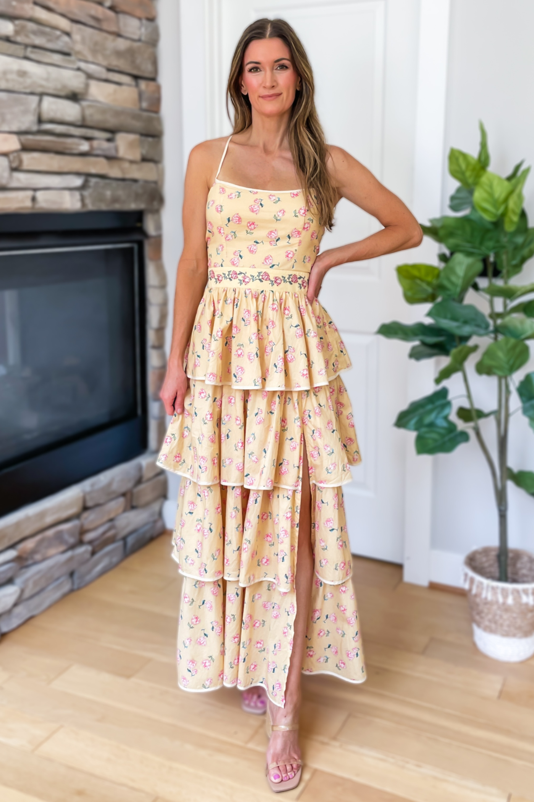 Vineyard Stroll Yellow Floral Print Maxi Dress Large Vineyard Stroll Yellow Floral Print Maxi Dress Large