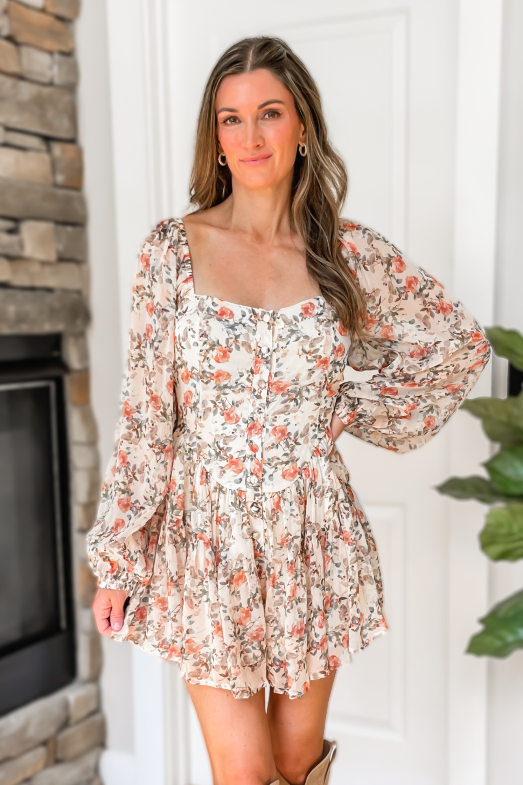 Sweet Magnolia Floral Long Sleeve Romper - Cream