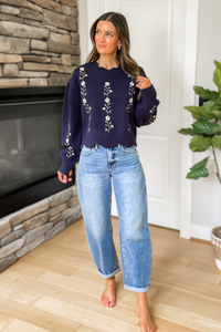 Lola Floral Embroidered Scalloped Knit Sweater - Navy