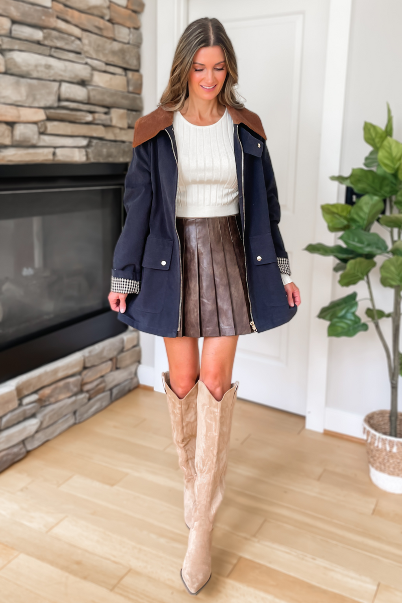 Autumn Leaves Corduroy Collared Cotton Barn Jacket - Navy