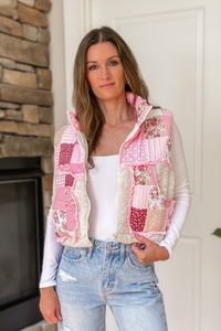 Southern Charm Patchwork Sherpa Vest - Pink