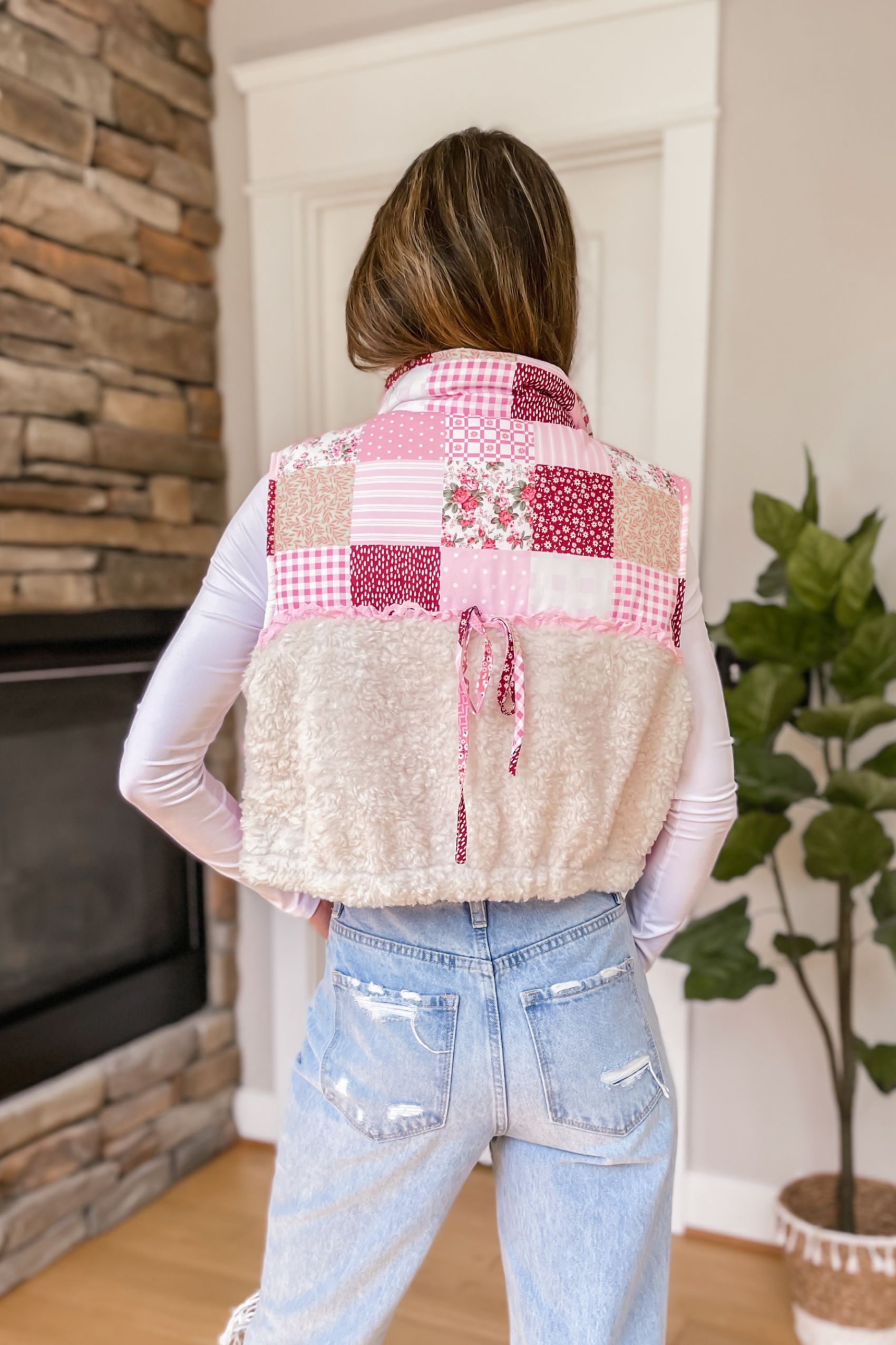 Southern Charm Patchwork Sherpa Vest - Pink