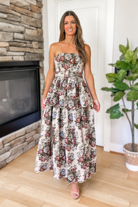 Rosewood Floral Tapestry Strapless Midi Dress
