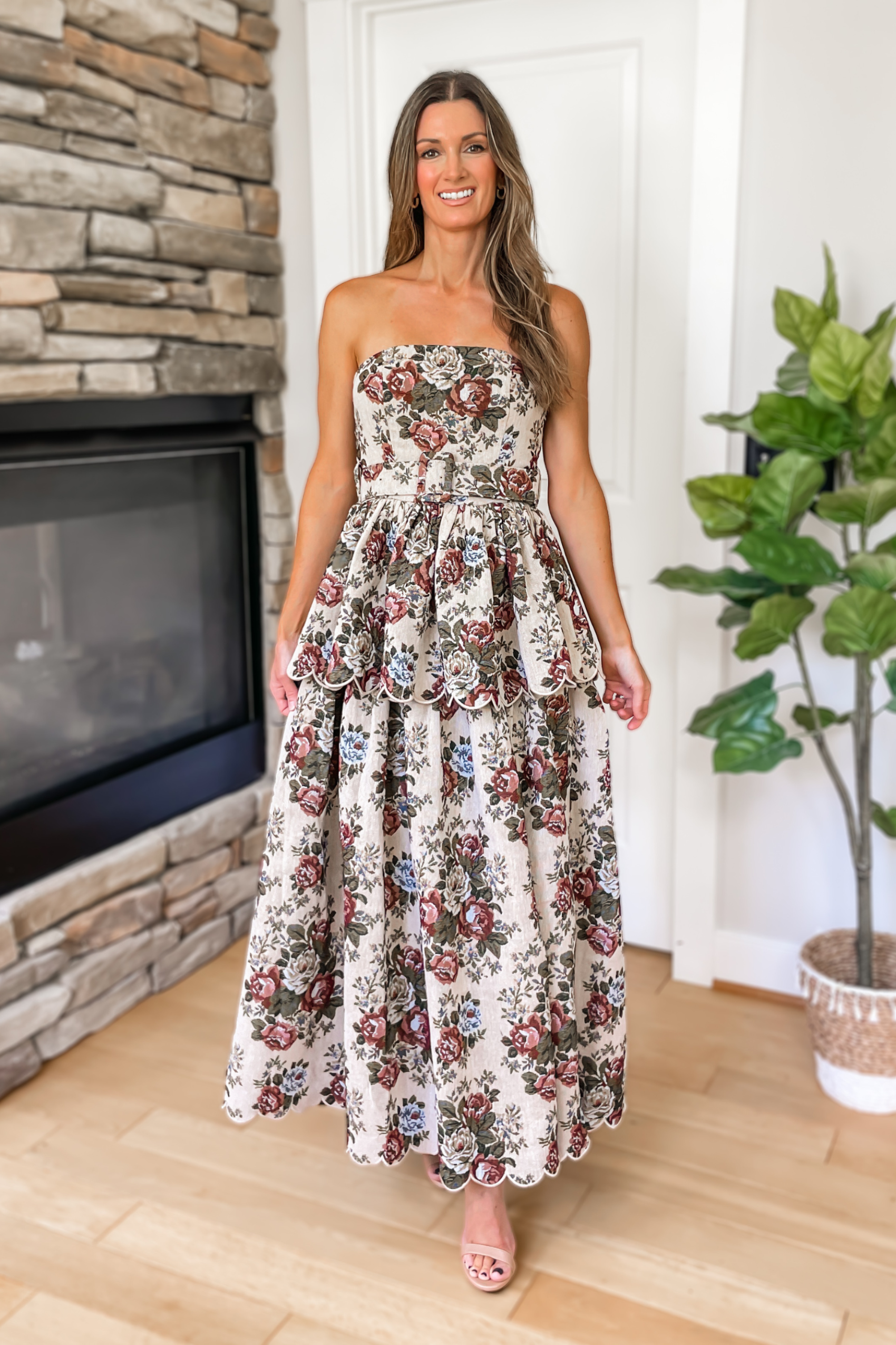 Rosewood Floral Tapestry Strapless Midi Dress