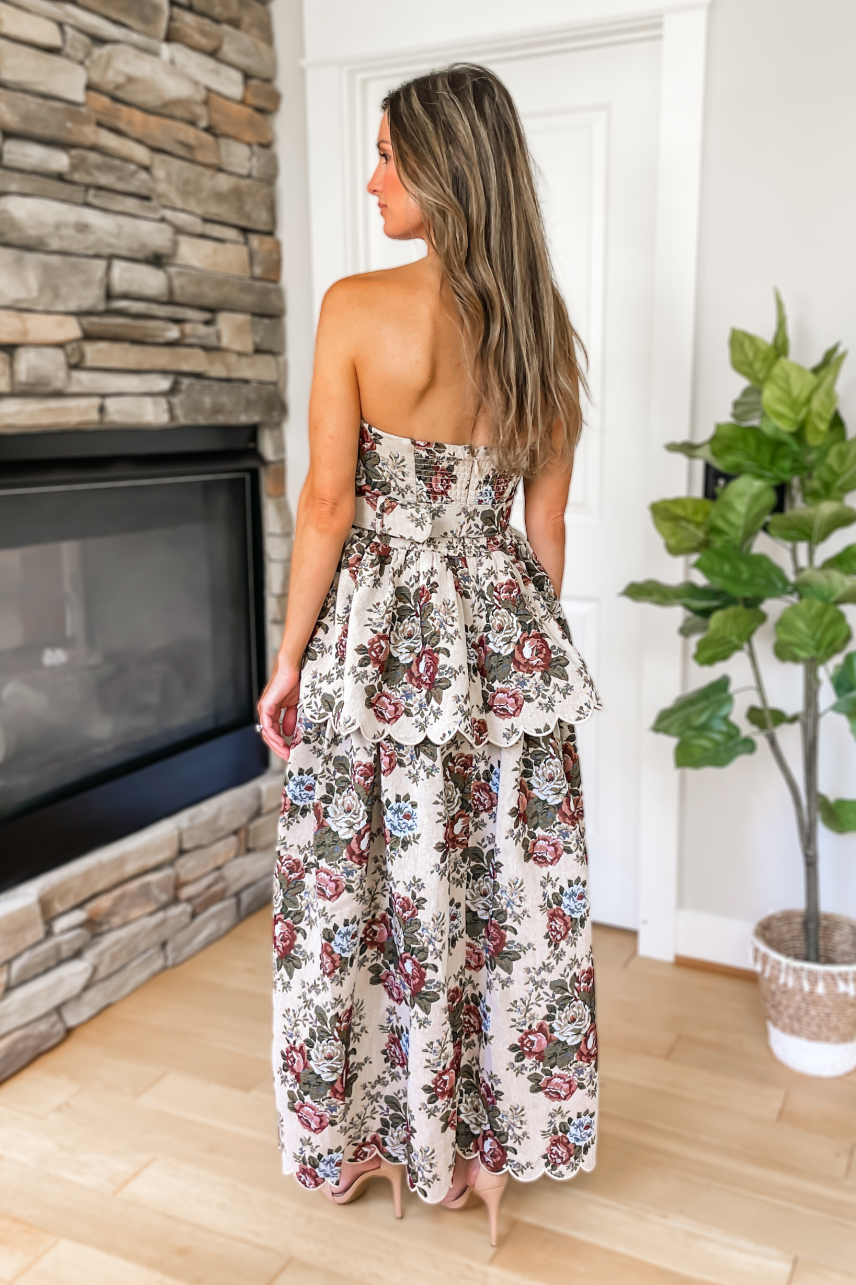 Rosewood Floral Tapestry Strapless Midi Dress
